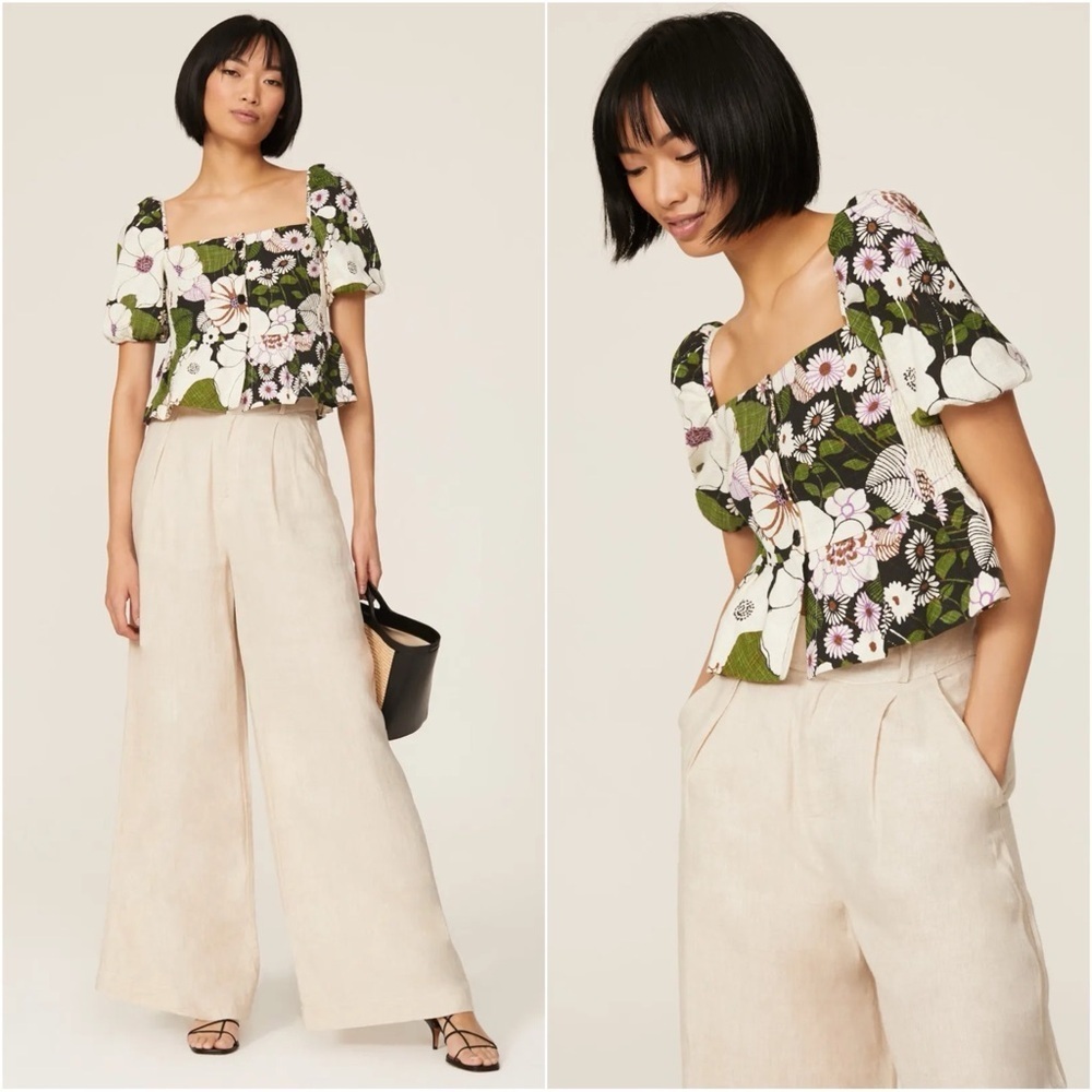 Maje Top Loflower 100% Cotton Square-Neck Puff Sleeve 70’s Floral Print Sz US S